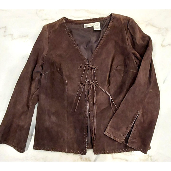 Faded Glory Vtg Large (12-14) Genuine Suede Leather Tie Front Jacket Brown - Picture 3 of 11